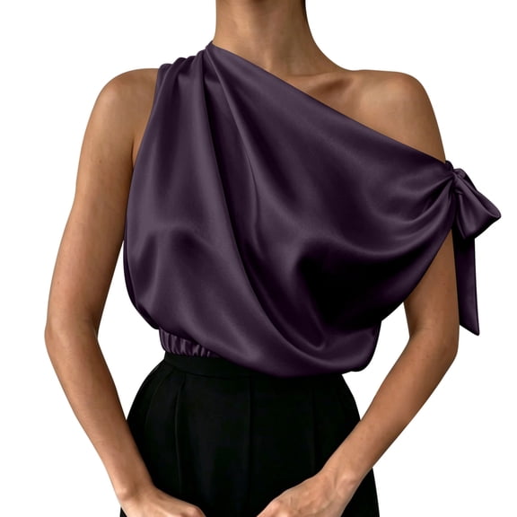 Women's One Shoulder Satin Blouse Summer Oversized Plain Tie Sleeveless Shirts Elegant Lightweight Office Business Tops Purple