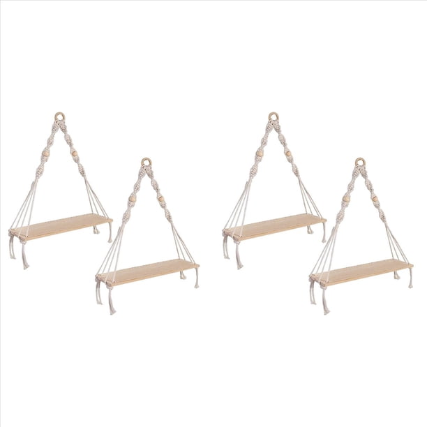 Estante Colgante de Pared, Estantes Boho con Estante de Madera, Estante de Macramé Hecho una Mano de 4 Piezas para Colgar Plantas y Decoración