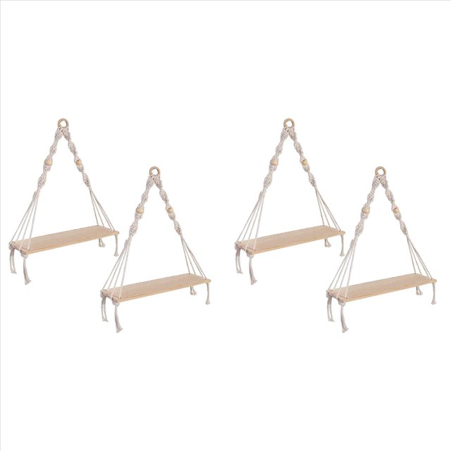Estante Colgante de Pared, Estantes Boho con Estante de Madera, Estante de Macramé Hecho una Mano de 4 Piezas para Colgar Plantas y Decoración