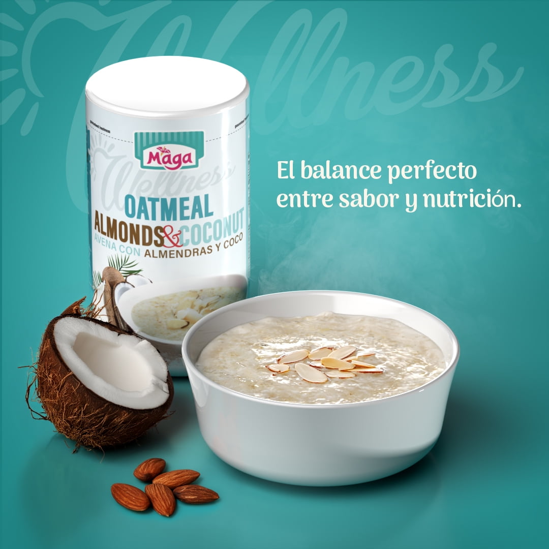 Maga Wellness Almonds & Coconut Rolled Oatmeal Cereal, Instant, 11.3 oz, Shelf Stable Plastic Jar