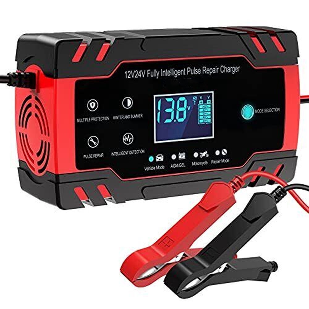 Battery Charger 8 Amp 12V and 24V Smart Automatic Car Battery Charger with LCD Screen Pulse Repair Charger Pack Battery Maintainer for Car, Lawn Mower, Motorcycle, Boat, SUV and More