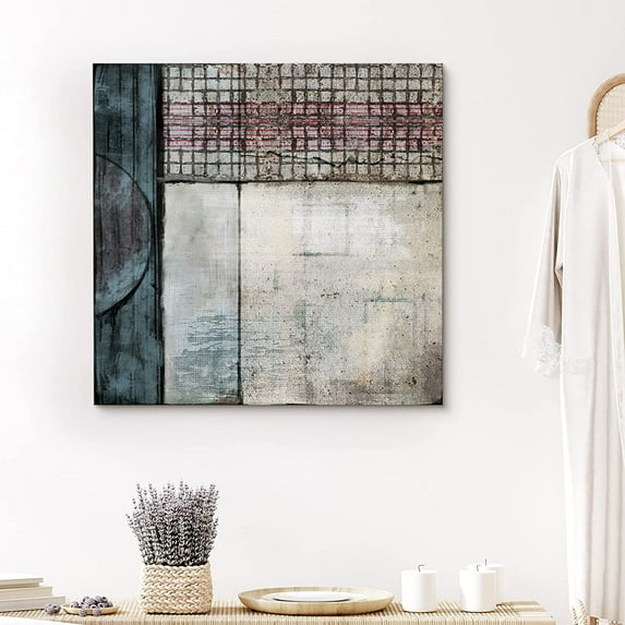 PixonSign Canvas Print Wall Art Abstract Grunge Blue and Pink Grid Graffiti & Street Art Shapes Illustrations Modern Art Alternative Edgy Multicolor Dark for Living Room, Bedroom, Office - 16"x16"