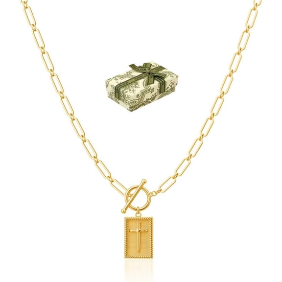 Cross Pendant Paperclip Chain Necklace, 14K Gold-Plated Silver, Waterproof T-Clasp, Gift for Women[w829]