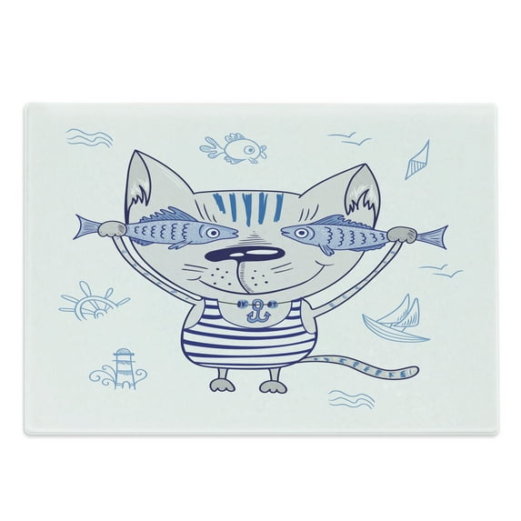 Fish Cutting Board, Naughty Cat Fish in Striped T-shirt Anchor Pendant and Nautical Maritime Sign, Decorative Tempered Glass Cutting and Serving Board, Large Size, Blue Grey, by Ambesonne