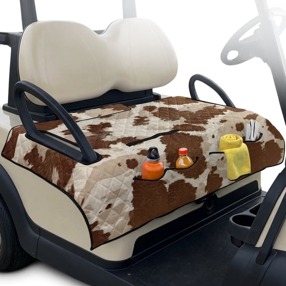 Whosucclay Brown Cow Print Design Foldable Golf Cart Seat Covers, Foldable Design 4 Convenient Pockets for Club Car Ds Precedent Tempo EZGO Breathable