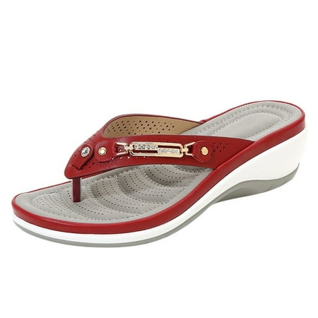 CHOII Clearance Women Ladies Crystal Comfortable Flip Flops Wedges Slipper Sandals Casual Shoes with Elastic Band Unique Wavy Line Sole Anti-slip Design Red/7.5