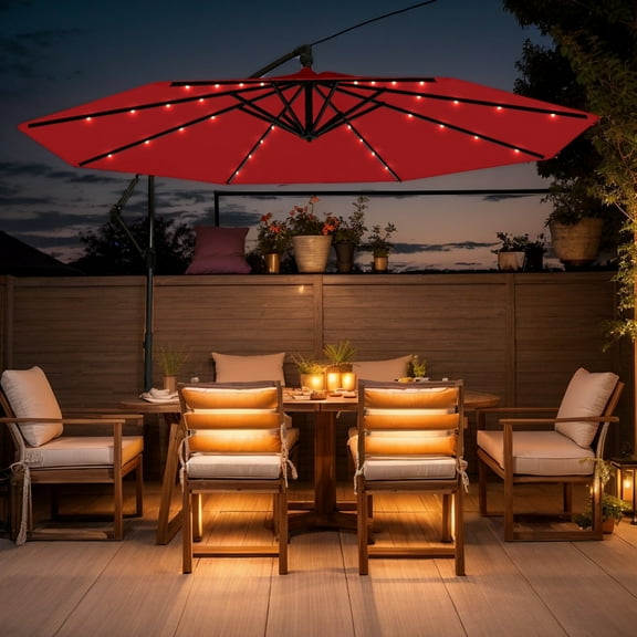 Yardi Yarda 10 Feet Solar Offset Hanging Umbrella with Base and 32 LED Lights, Outdoor Shade, Wine Red