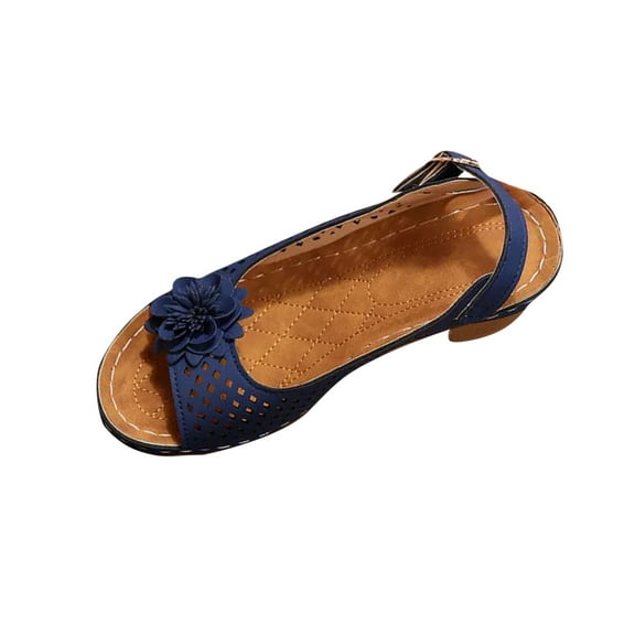 Womens Flower Sandals Dress Cute Open Toe Slingback Slip On Sandals Beach Trendy Hollow out Chunky Heel Buckle Slides Blue Women Sandal