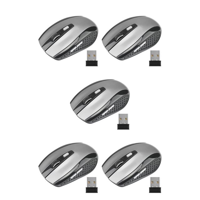bedienty Computer 2.4Ghz Wireless Optical Mouse with USB Receiver Low Latency 6 Buttons Plastic Gaming Mice DPI Adjustable Grey 5Set