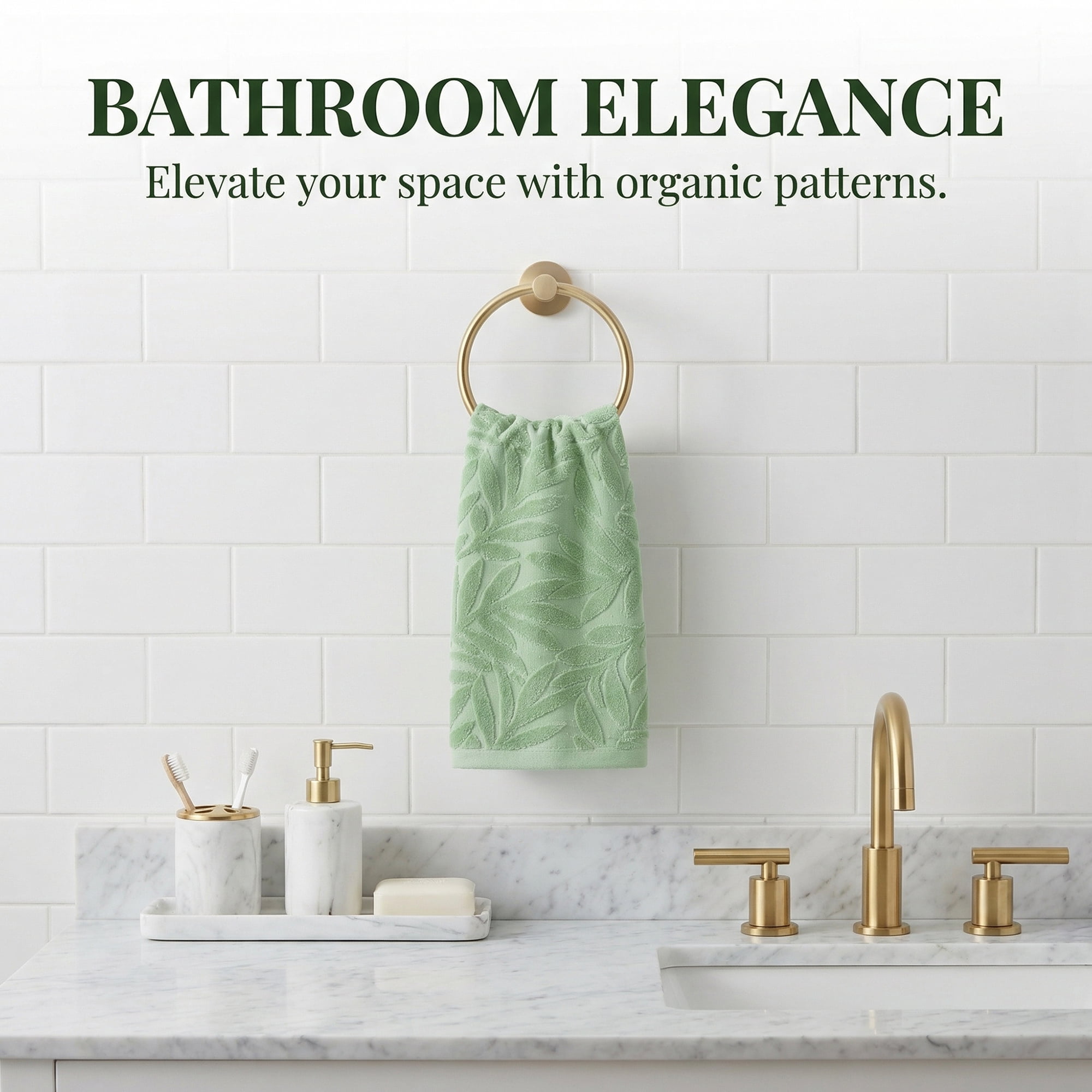 Unique Bargains Embossed Leaf Hand Towels Pure Cotton Absorbent Green 28" x 16"