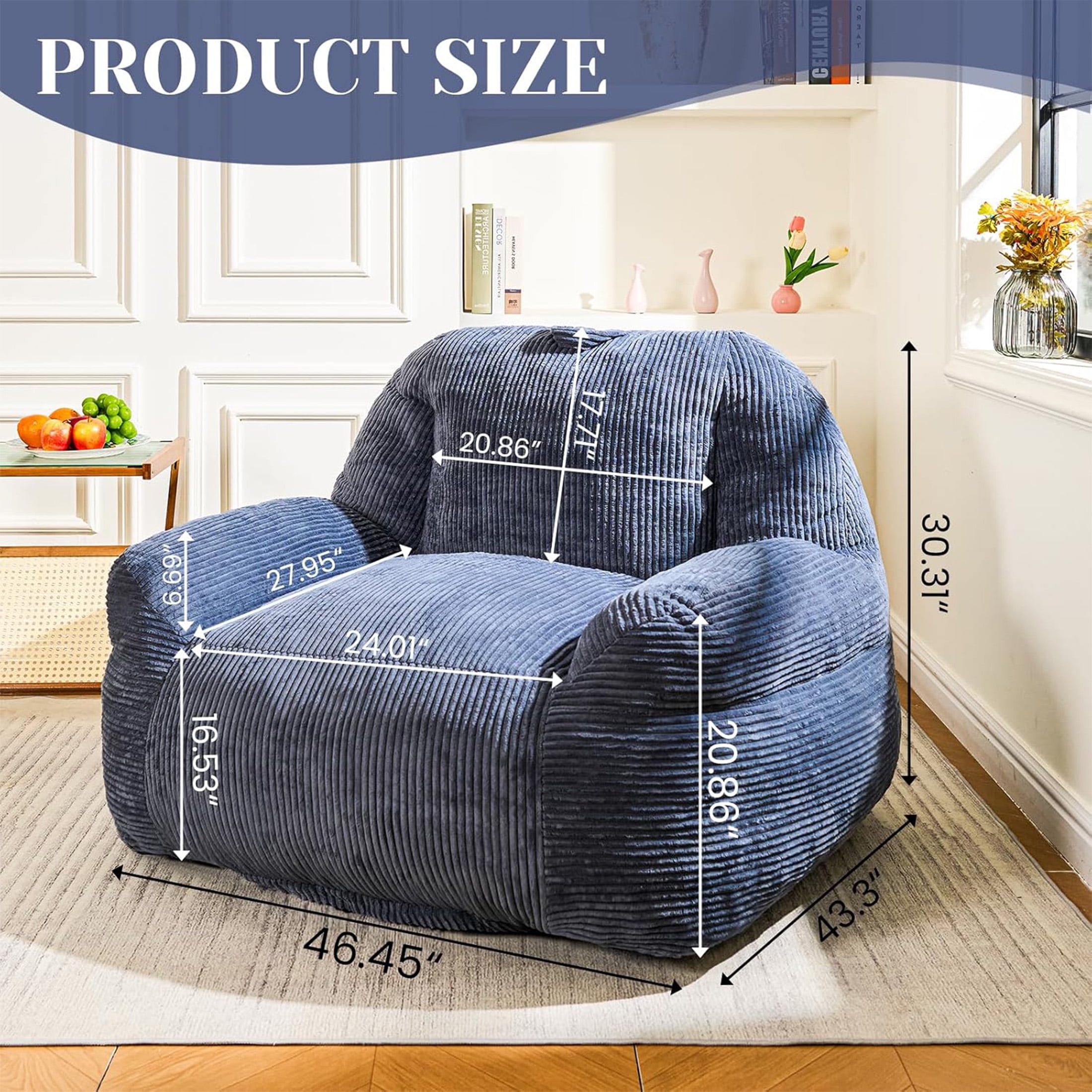 LinkRomat 46" Giant Bean Bag Chair Sofa for Adults, Faux Fur Fluffy Sofa with High-Density Memory Foam, Grey Comfy Bean Bag Couch for Lounging, Reading