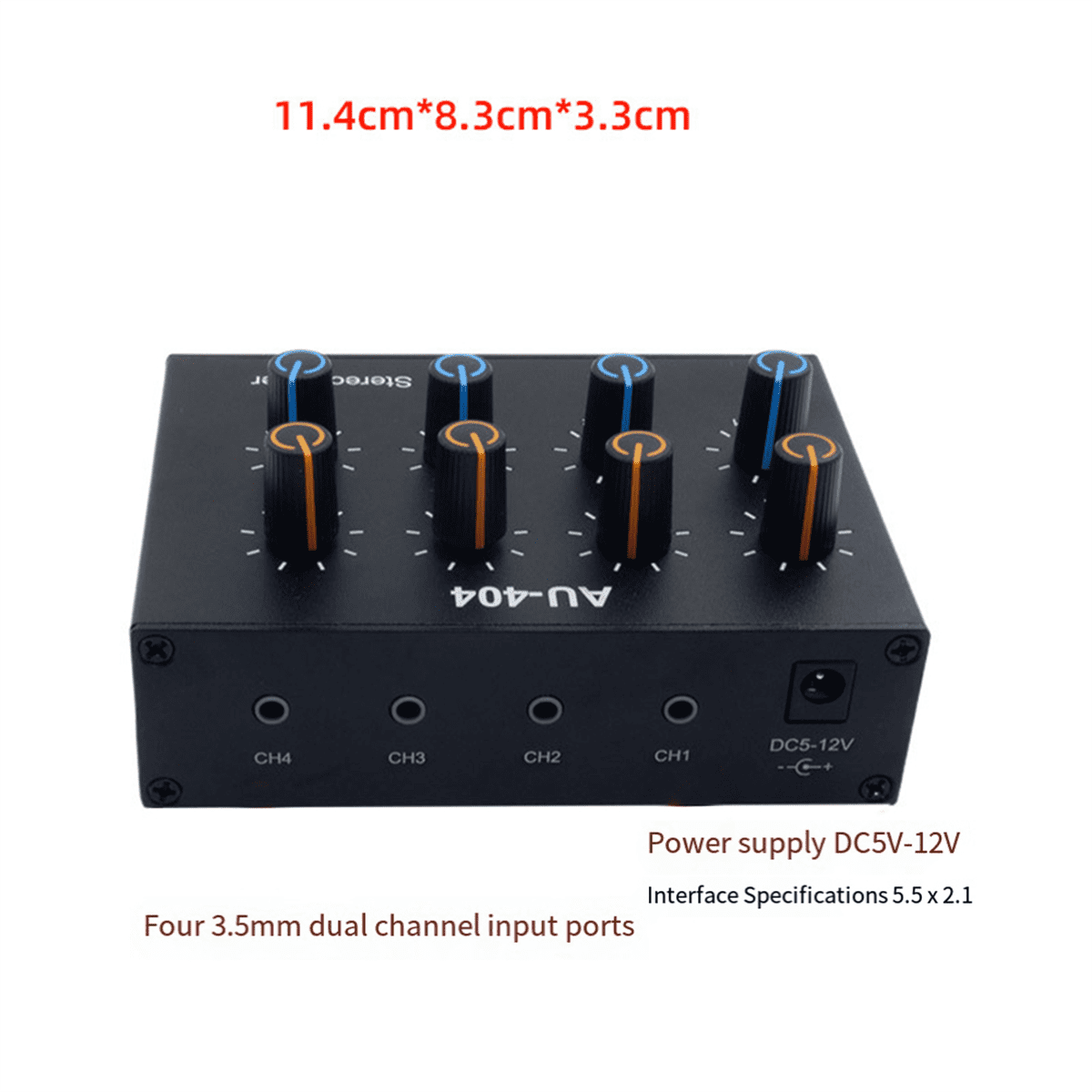 AU-404 Stereo Sound Four Multi Input Output Mixer Dual Channel Audio Music Mixing Four in Four Out,1 x Stereo Mixer,Black