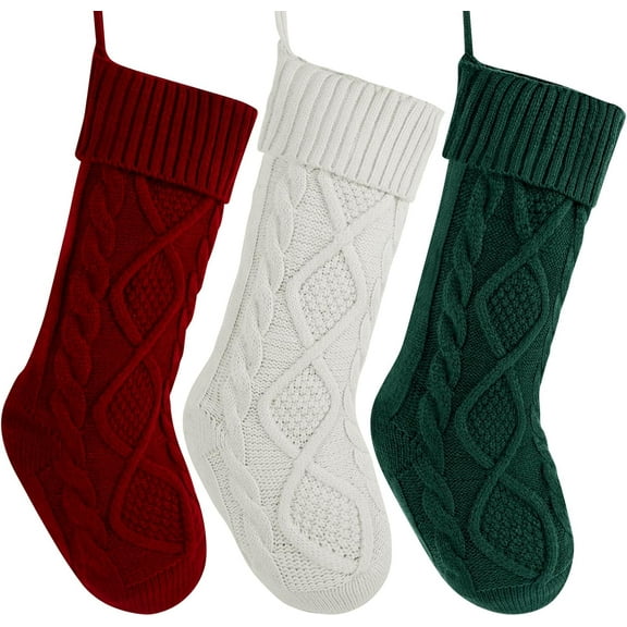 Christmas Stockings 3 Pack, 18 Inches Large Cable Knit Personalized Christmas Stocking Knitted Stocking Decorations for Family Xmas Party Decor