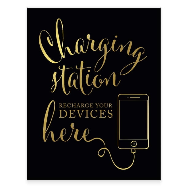 Andaz Press Letreros para fiestas de boda, tinta negra y dorada metálica, estación de carga de 8,5 x 11 pulgadas, chat instantáneo, Instagram y Tweet Away Recarga tu teléfono aquí, 1 paquete sin marco