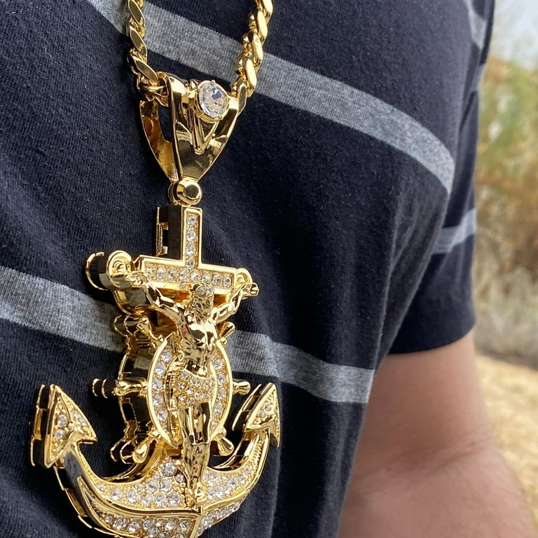 Men's 18K Gold Plated Huge Mariners Cross Anchor Jesus Men's 18K Gold Plated Huge Mariners Cross Anchor Jesus