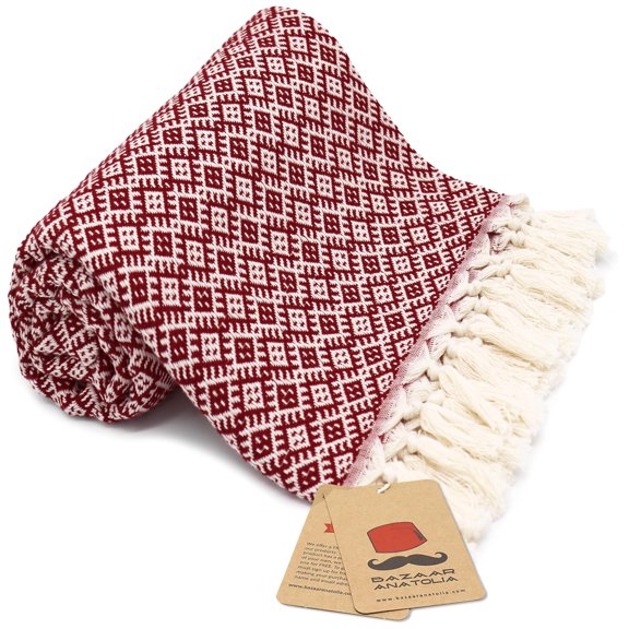 Bazaar Anatolia Turkish Beach Towel 100% Cotton Bath Towels Oversized Quick DryBathroom Towels Sand Free Camping Blanket 71x39 inches - Ethnic Maroon