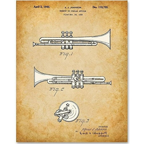 Trumpet Art - 11x14 Unframed Patent Print - Great Gift for Trumpet Players and Musicians