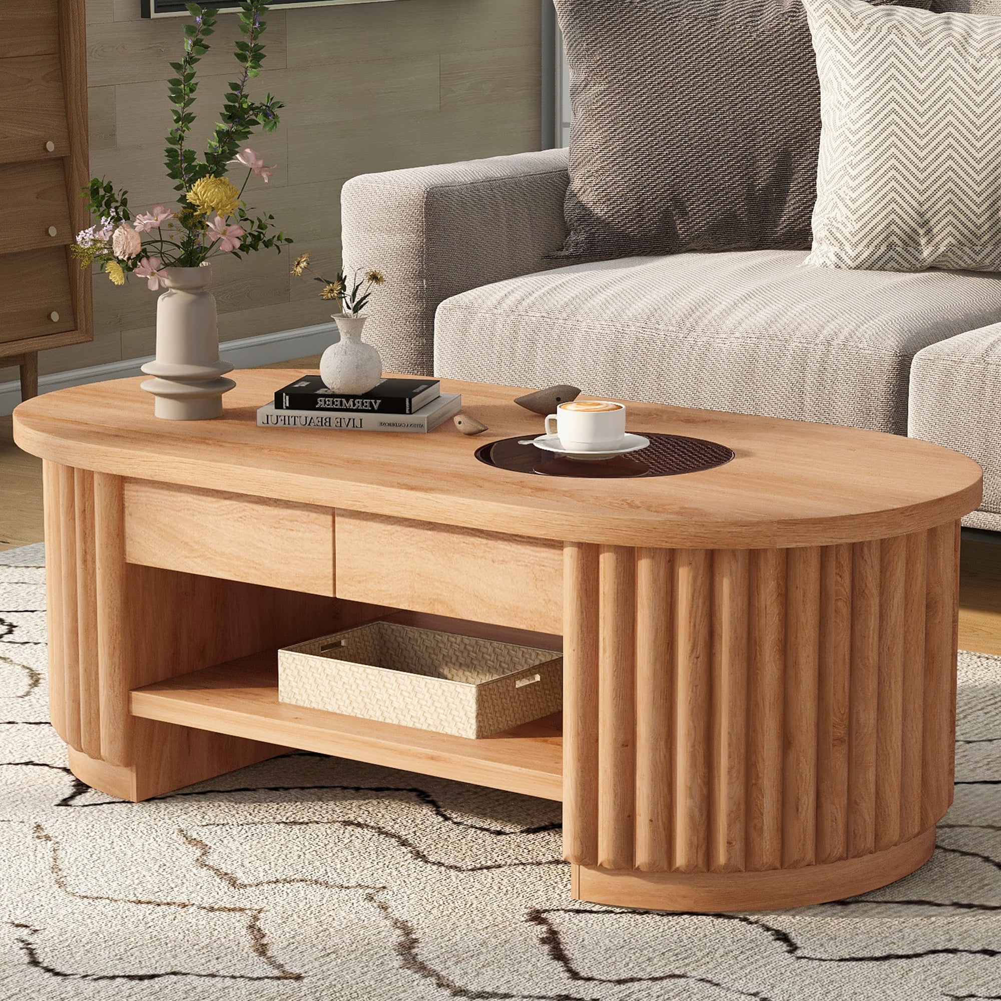 HOQBN Modern Oval Coffee Table with Drawers,2-Tier Wooden Storage Center Table,for Living Room Small Space,Light Brown