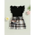 thumbnail image 2 of Arvbitana Toddler Baby Girls Skirt Set Flying Sleeve Solid Color Ribbed Tops + Plaid Skirt with Belt Summer Casual Elegant Outfit 2Pcs 9M-4T, 2 of 9