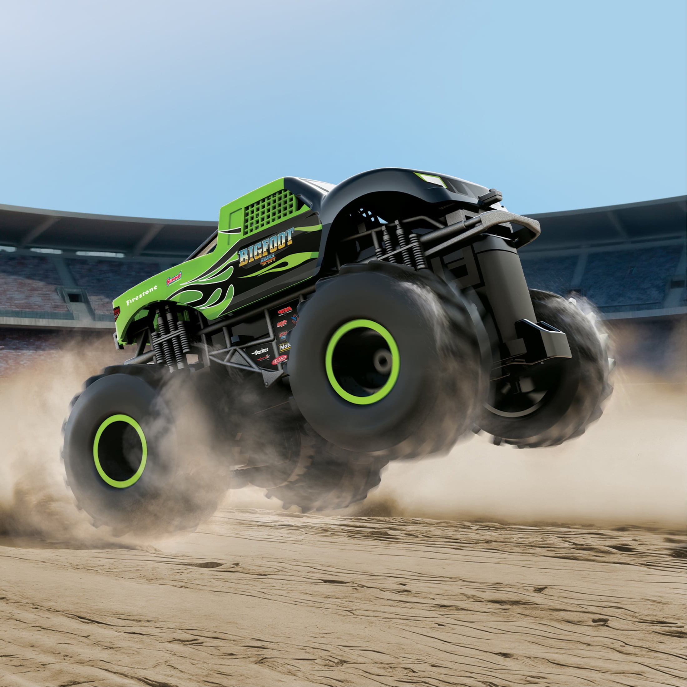 Motor Dayz 1:43 Scale RC Bigfoot Green Flames Monster Truck with LED Lights, 2.4GHz Wireless, Ages 4+, MD 1:43BIGGOOT TRUCK