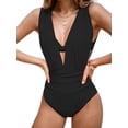thumbnail image 1 of Traje de baño de una pieza CUPSHE, cuello pronunciado, espalda fruncida, talla XL, negro, 1 of 5