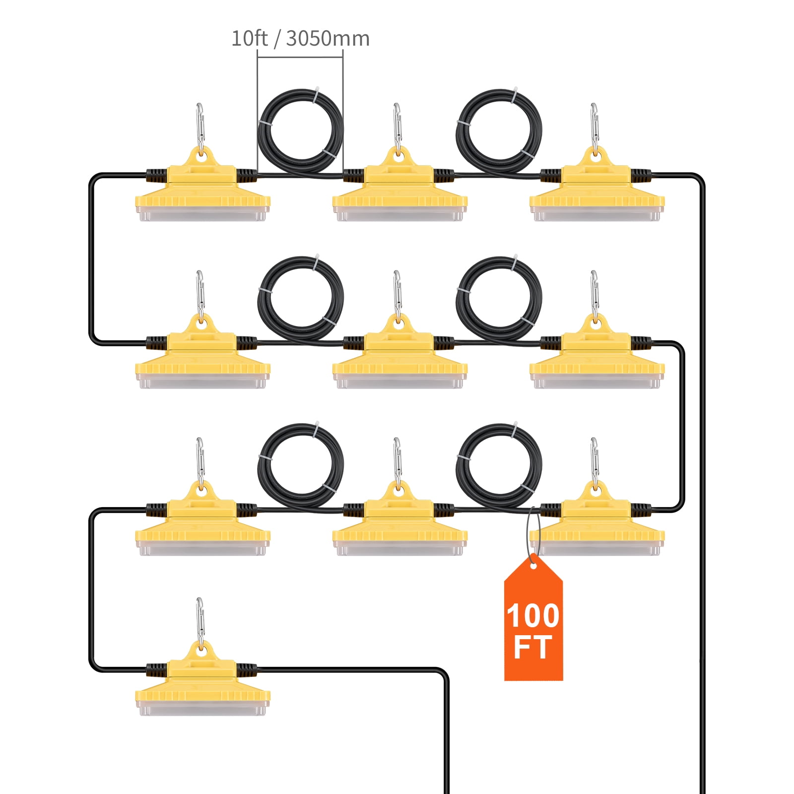 KFFKFF 100FT Building Illumination, 150W 15000LM, Set of 10 Work Lights, 5000-5500K, IP65 Water-Resistant, Includes Suspension Hooks, Suitable for Job Site, Temporary Indoor & Outdoor Lighting