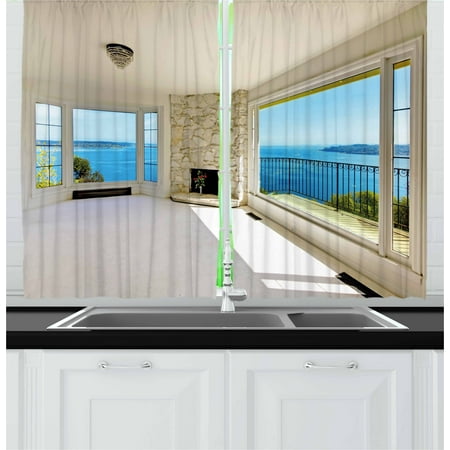 - Modern Curtains 2 Panels Set, Modern Hollywood Star Houses Inspired Design with Ocean Nature Forest View Art, Window Drapes for Living Room Bedroom, 55W X 39L Inches, White and Blue, by Ambesonne
