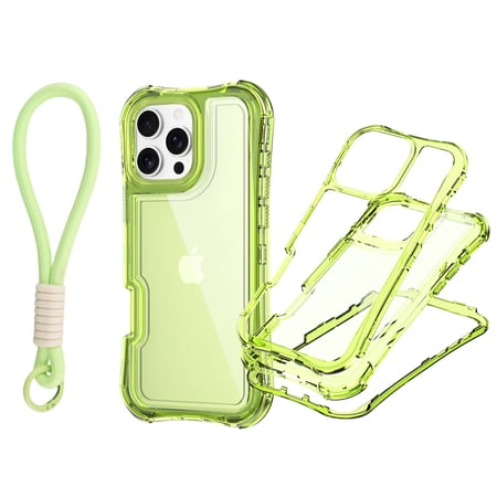 For iPhone 13 Case, Hybrid Rubber Heavy Duty Shockproof Protection Phone Cases with Lanyard, Anti-Drop, Dual Layer Transparent Protective Cover Compatible with iPhone 13,Green