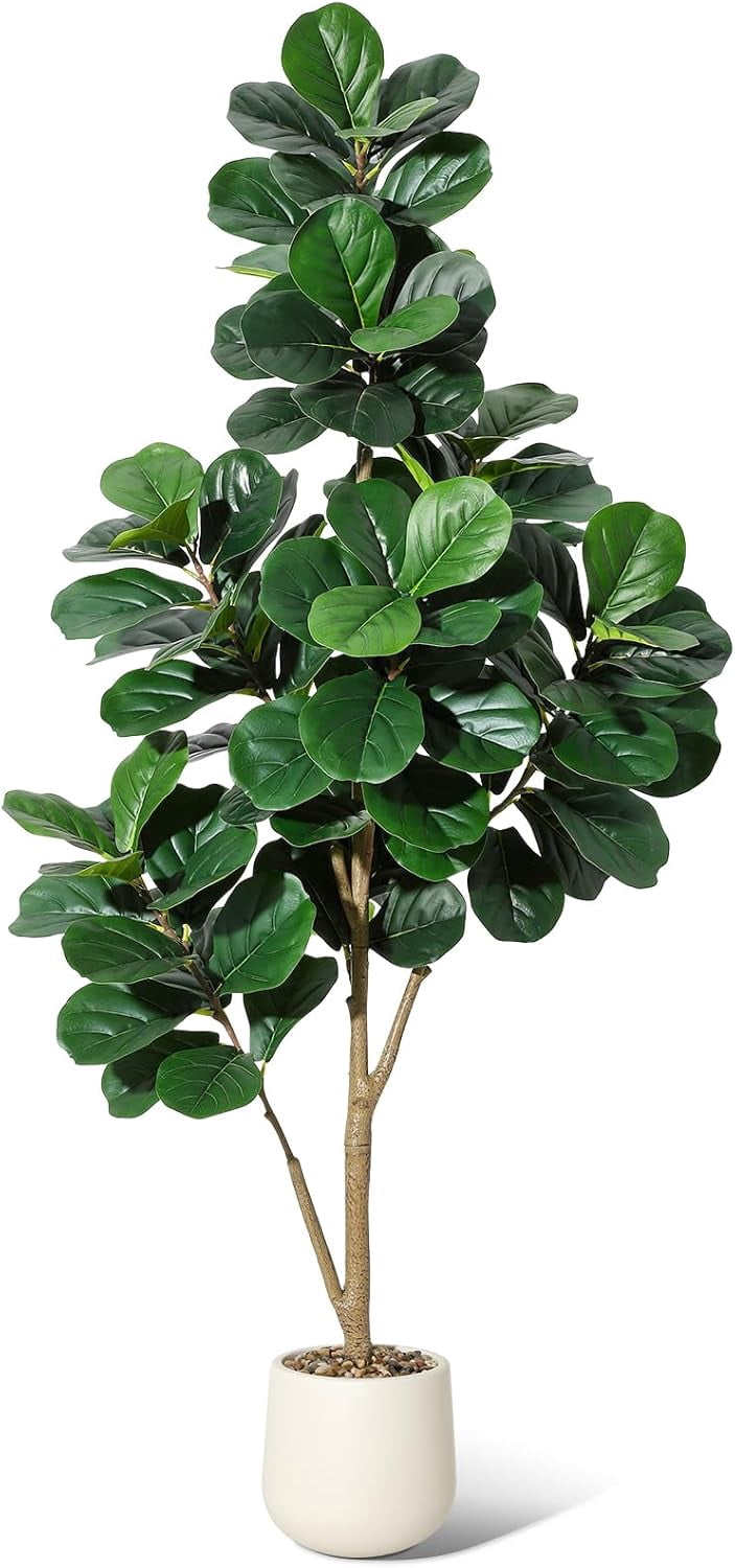 6 ft Fiddle Leaf Fig Tree Artificial with 108 Leaves - Realistic Faux Ficus Lyrata Trees in 9 in White Planter Pot, Indoor Fake Floor Plants for Home Office Living Room Decor, Housewarming Gift