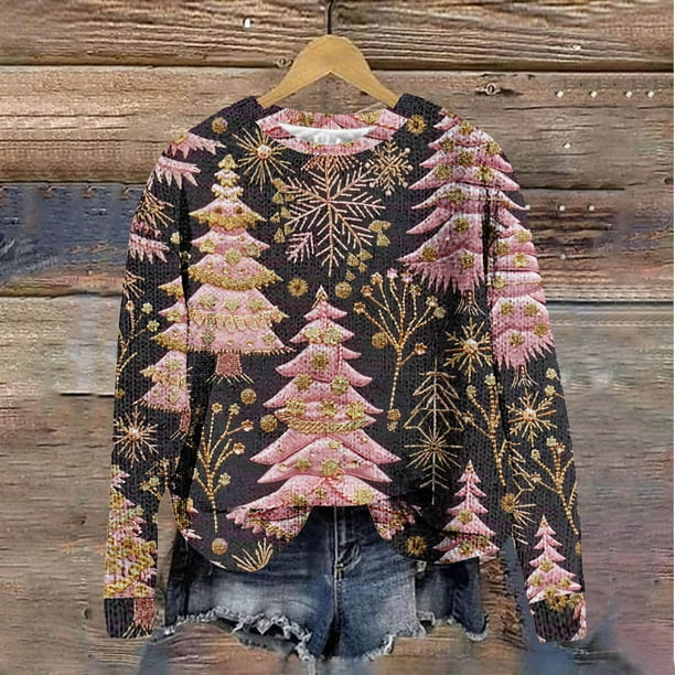 Suéter de cuello redondo de moda navideña para mujer, blusa holgada informal de manga larga con estampado sin capucha, blusa de poliéster para mujer