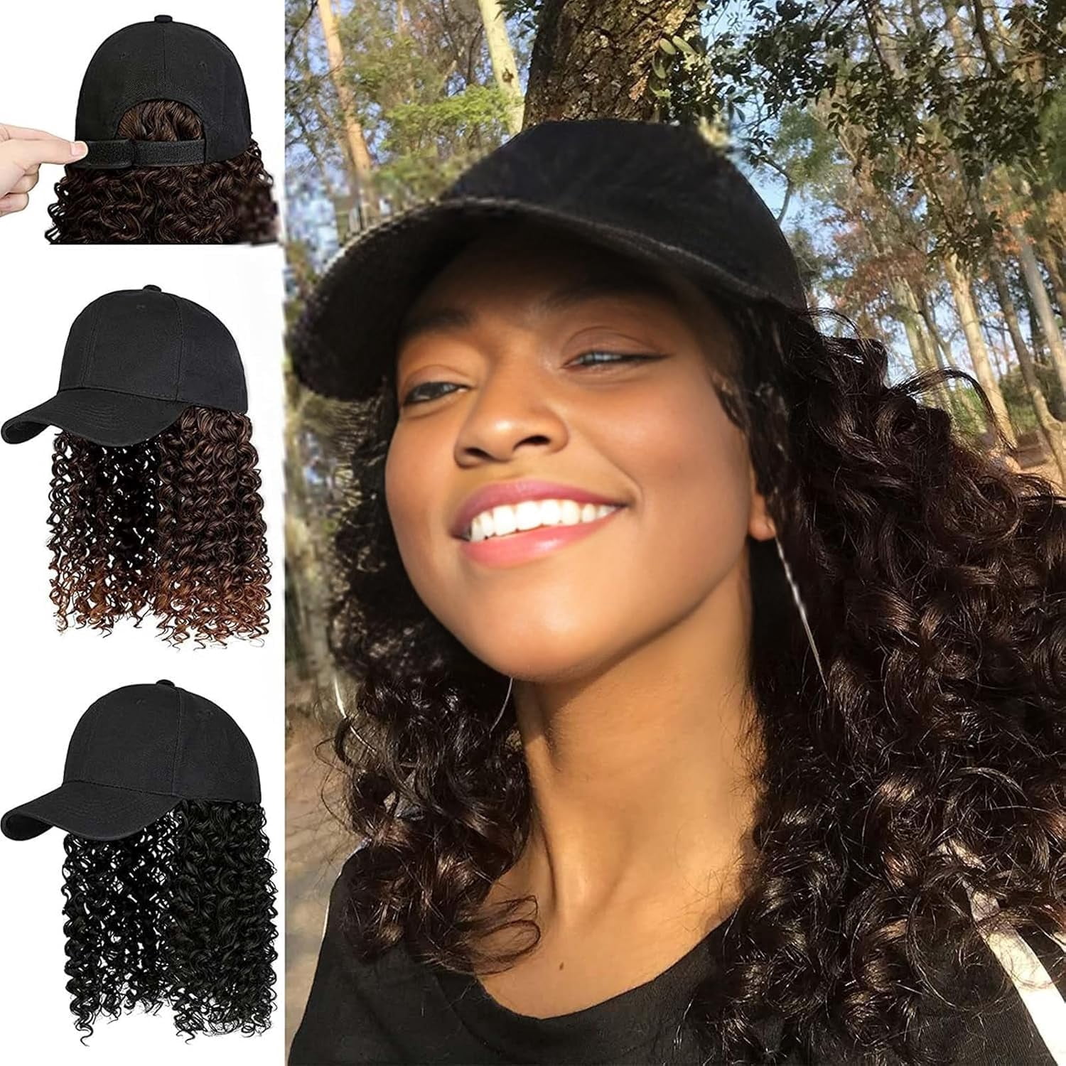 YEKEYI Headband Wig Human Hair Wigs Baseball cap Wig Curly Deep Wave Headband Wig Hat Wigs (Black hat Long Lbrown wig)
