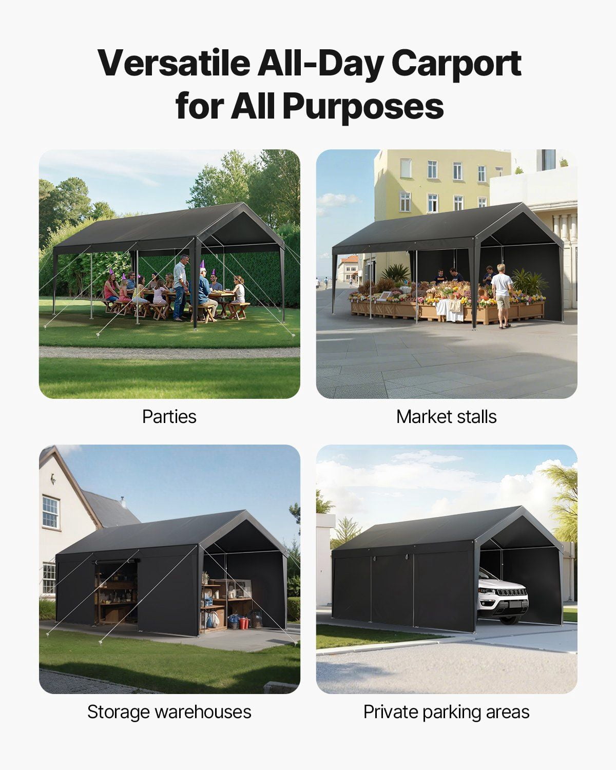 12x20FT Heavy Duty Carport Canopy - Grey Outdoor Car Shelter with Sidewalls, Galvanized Steel Frame & Waterproof Cover - Vehicle Protection for Cars, Trucks, SUVs & RV Storage