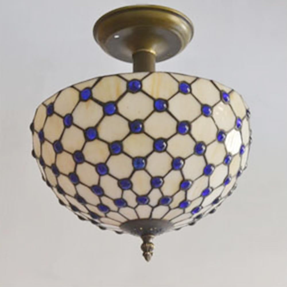 Kiven 11.8in Flush Mount Ceiling Light Fixture Dimmable, 2-Light Anti Glare Close to Ceiling Light with 15FT Plug-in Cord, Tiffany-Style Glass Chandelier for Bedroom Kitchen Hallway(No.3187)