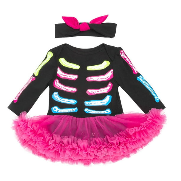 1 Juego de vestido de esqueleto de Halloween, mameluco de manga larga, falda, diadema para niñas