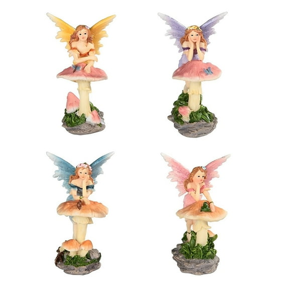 FC Design 4-PC Fairy Leaning on Mushroom 4"H Figurine Set Statue Sculpture Ornament Decoration Home/Room Decor and Unique Gift Ideas for Housewarming, Holidays and Birthdays