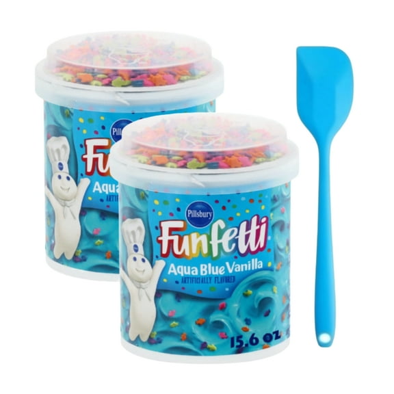 Pillsbury Funfetti Aqua Blue Vanilla Frosting, 15.6 Oz Tub (2 pack) and 8in Silicone Spatula (Color Varies)