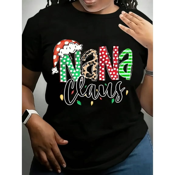 Christmas Themed Nana Claus Letter Print T-Shirt - Round Neck, Regular Fit, Casual Polyester Knit Fabric, All Seasons Comfort