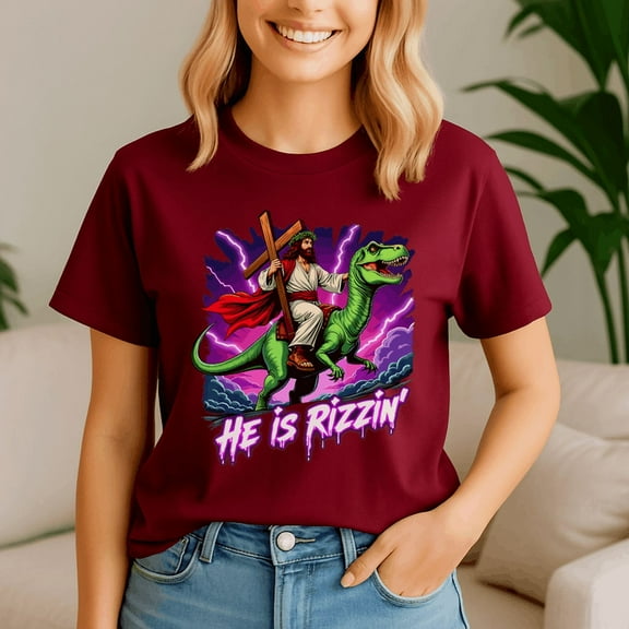 Retro Jesus Christian He Is Rizzin Shirt, Riding TRex Dinosaur Tee