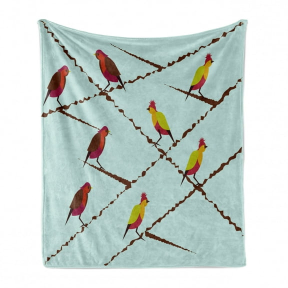 Birds Soft Flannel Fleece Throw Blanket, Exotic Songbirds on Tree Branches Nature Pigeon Fly Spring Growth Pattern, Cozy Plush for Indoor and Outdoor Use, 50" x 60", Mint Green Burgundy, by Ambesonne