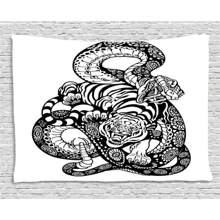Best Battle Scenes Tiger Tapestry, Tattoo Style Scene of Two Animals Fighting Long Snake with Sublime Large Cat Battle, Wall Hanging for Bedroom Living Room Dorm Decor, 60W X 40L Inches, Black White, by Ambesonne ()