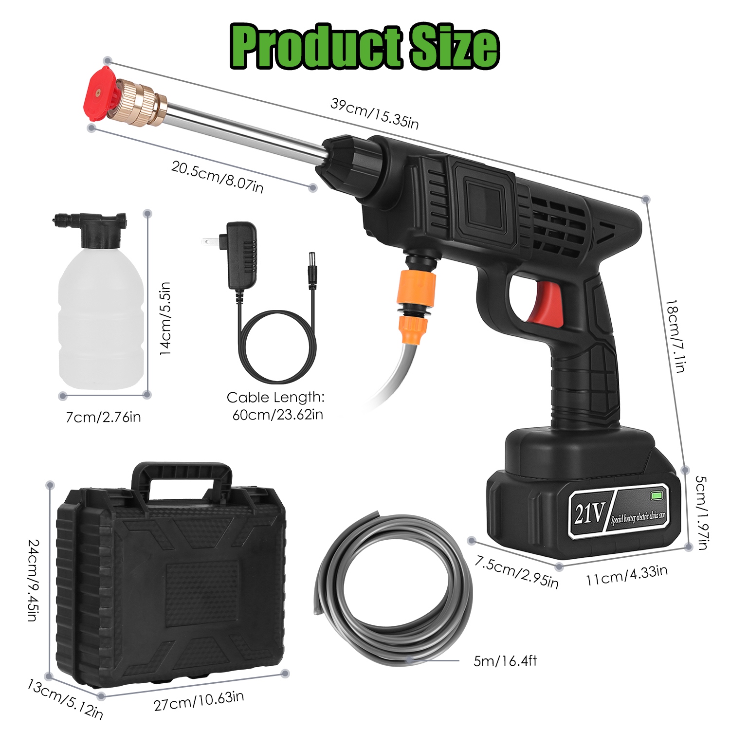 Cordless Pressure Washer 400PSI 300W Portable Power Washer 2 Nozzles Foam Bottle 1200mAh Rechargeable Battery Car Bike Patio Window Fence Cleaning 19.7Ft Spraying Distance 16.4Ft Water Hose Kit