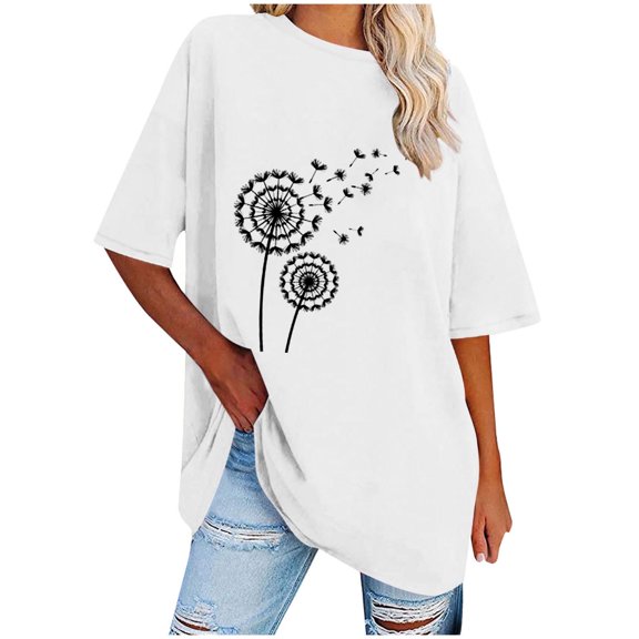 WREESH Women's Oversized Round-Neck T-Shirt Casual Printed Short Sleeve Top White