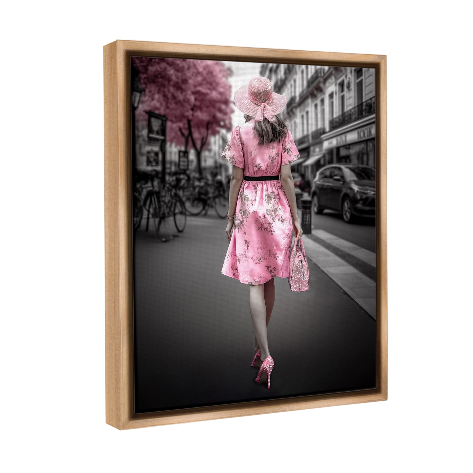 Stupell Industries Trendy Woman in City Travel & Places Painting Brown Floater Framed Canvas Art Print Wall Art, 25 x 31
