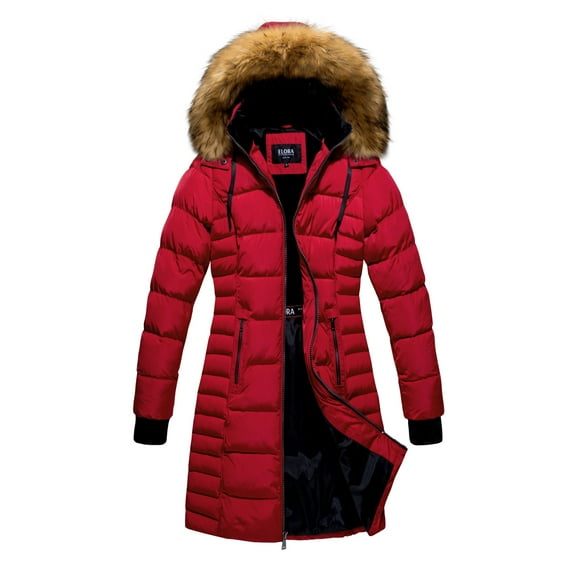 ELORA Women’s Heavyweight Mid-Length Vegan Down Puffer Parka with Detachable Hood and Faux Fur Trim