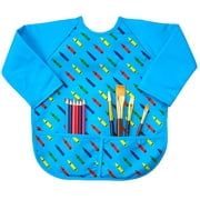 Abstract Kids Art Smock Apron - Blue Crayon Print Long Sleeve Waterproof Bib for Painting, Feeding and More - 2 Pockets - Microfiber with Vinyl Lining - Small