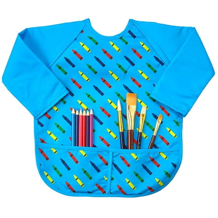 Abstract Kids Art Smock Apron - Blue Crayon Print Long Sleeve Waterproof Bib for Painting, Feeding and More - 2 Pockets - Microfiber with Vinyl Lining - Small
