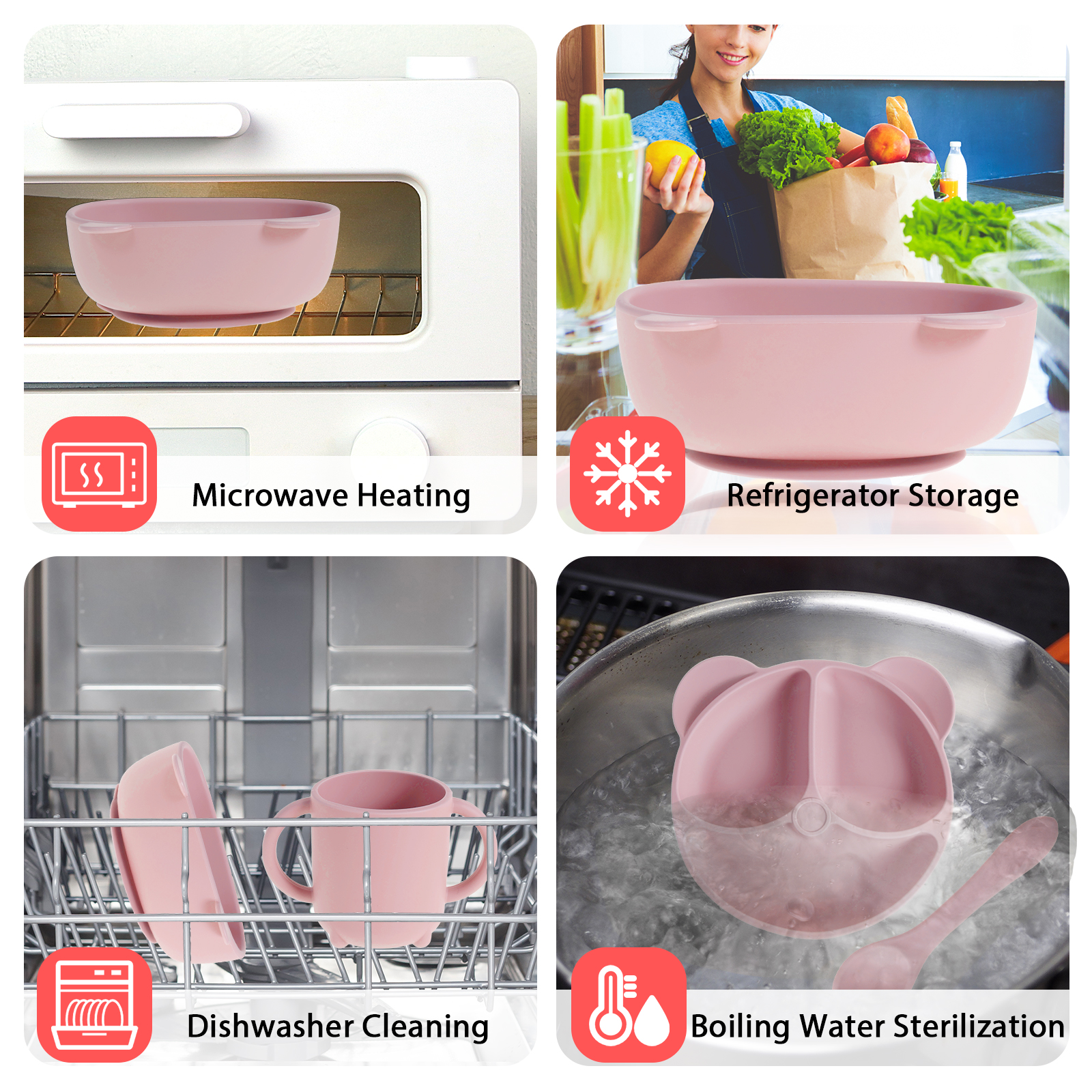 Protoiya 8Pcs Baby Feeding Set,Silicone Tableware Set Reusable Baby Led Weaning Supplies Washable Suction Baby Bowl and Plates for Toddlers Home(Pink)