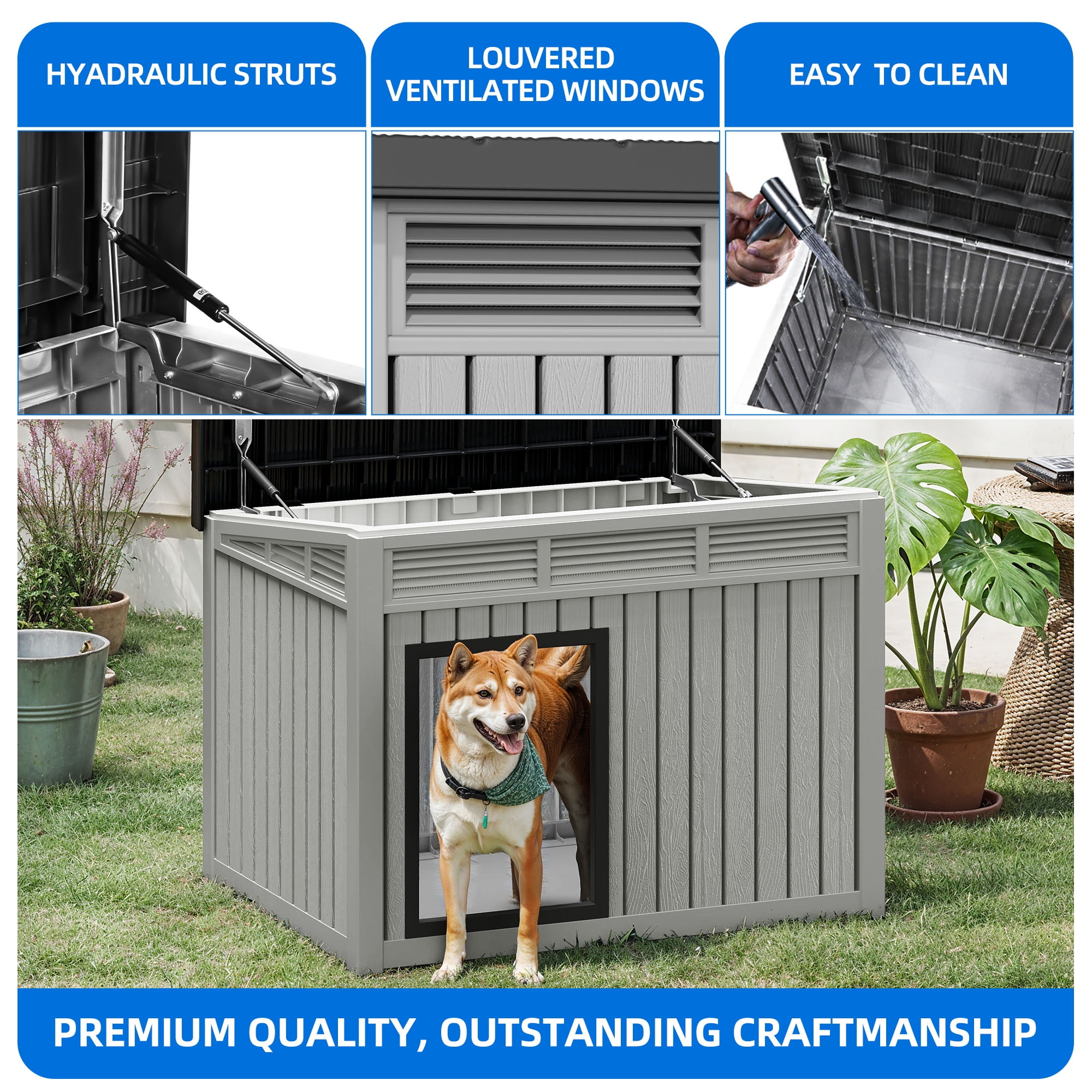 Dextrus Plastic Dog House with Lift-Up Sloping Roof,Indoor & Outdoor Dog Kennel,Waterproof & Ventilated,Gray,31.9"D x 24.8"W x 24.1"H