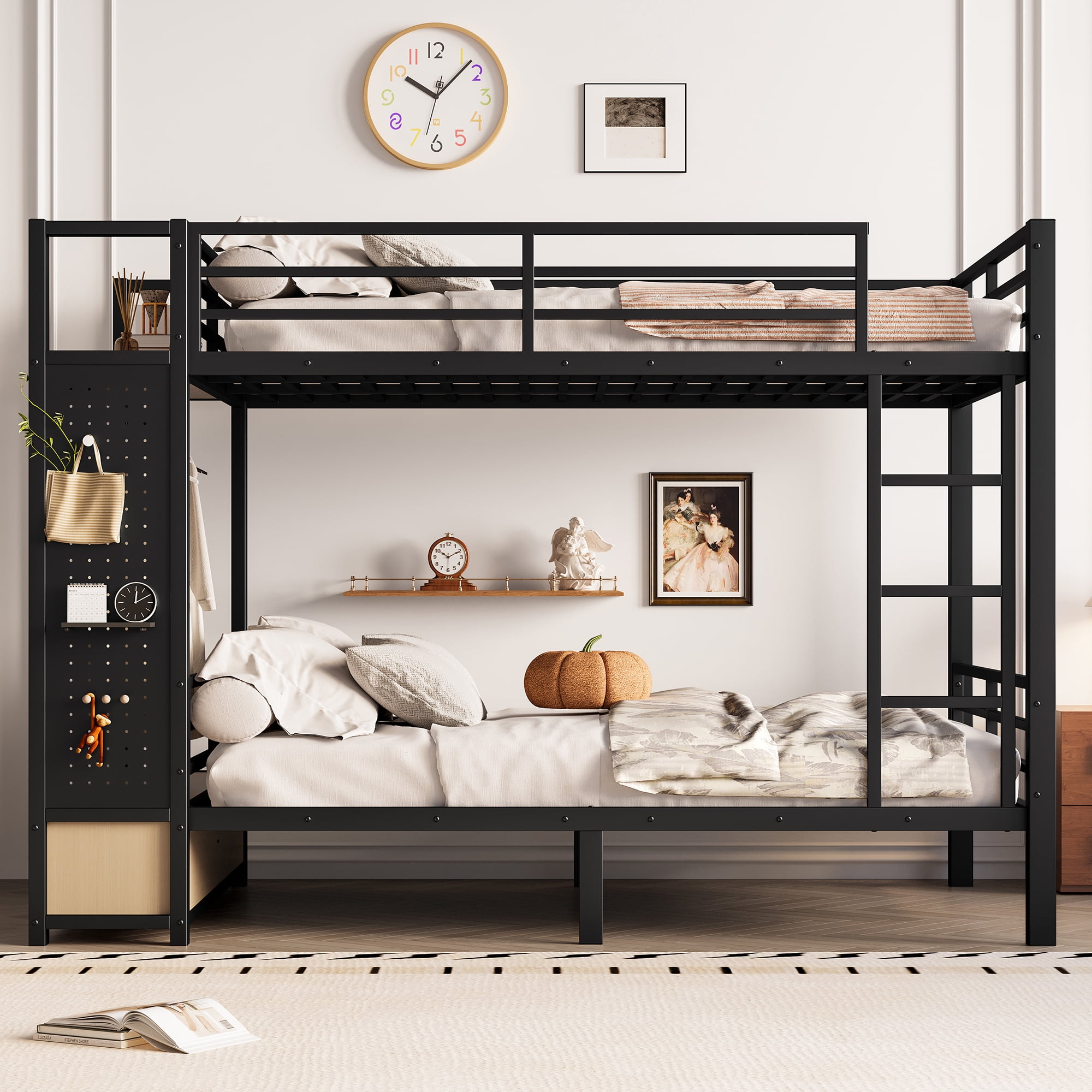 Leumius Full over Full Metal Bunk Bed with Built-in Wardrobe,Heavy Duty Loft Bed Frame with Storage Shelves,Drawers and Pegboard,Space-Saving,Black