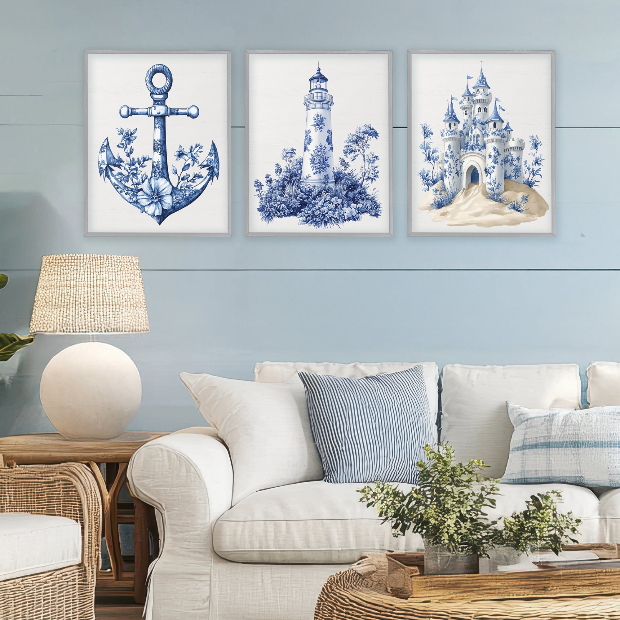 Ornate Nautical Toile Patterns 3 Piece Gray Framed Giclee Art Set, design by Lettered and Lined